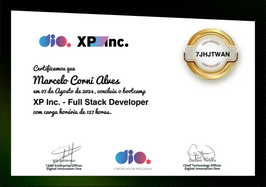 Prévia do certificado: XP Inc. - Full Stack Developer