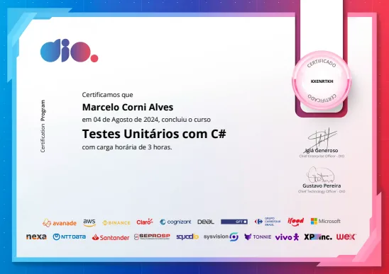 Prévia do certificado: Testes Unitários com C#