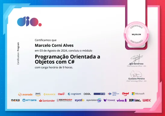 Prévia do certificado: Programação Orientada a Objetos com C#
